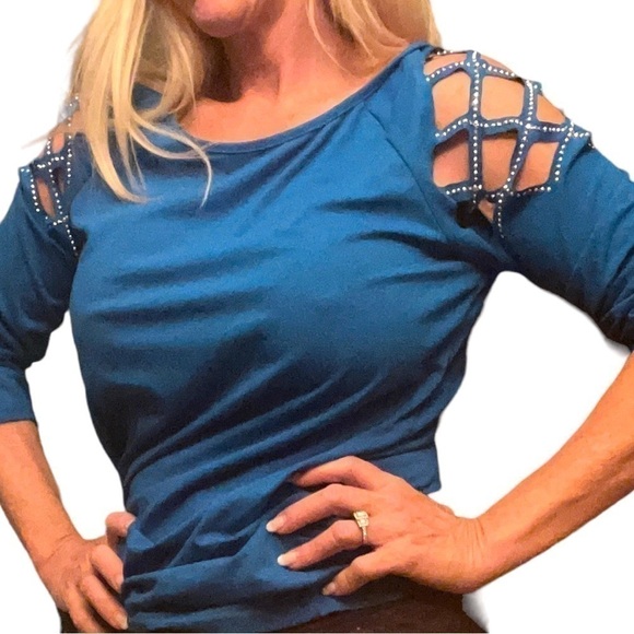 Luckinchic Tops - SEXY deep turquoise blue too with cut out shoulders with rivets as sequins